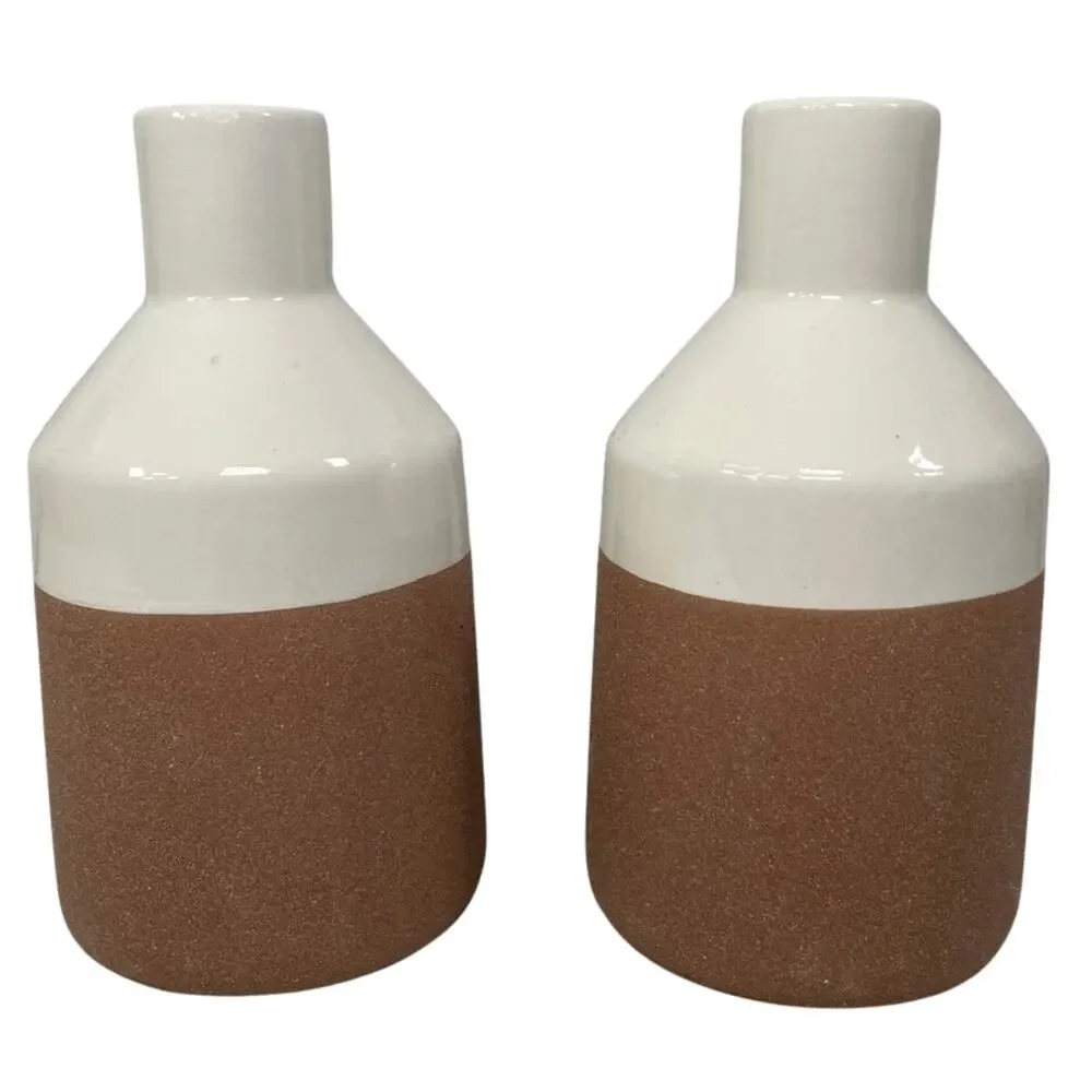 Rustic White Brown Ceramic Bud Vase Set of 2